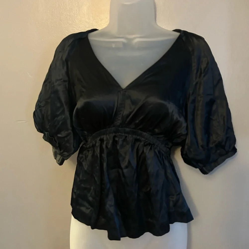 Madewell Shirt - black “Shirred Puff-Sleeve Top in Satin”
