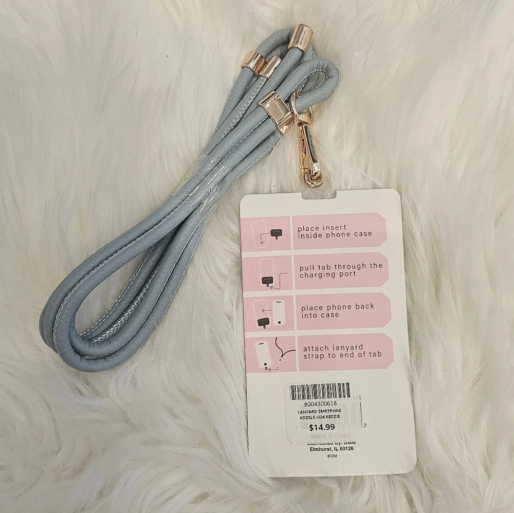 New Kedzie Smartphone Lanyard Set in Light Blue Gray. Vegan Leather