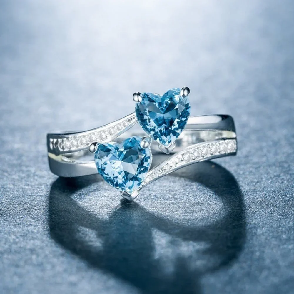 💎 925 Silver Plated Sea Blue Heart Cut Emerald Exquisite Ring, GPMB1526