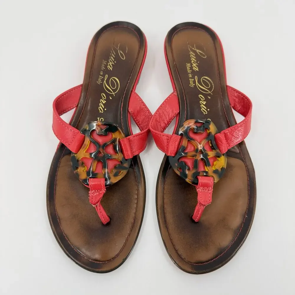 Luisa D'orio Size 10 Delicate Red Leather Thong Sandal Tortise Shell Medallion