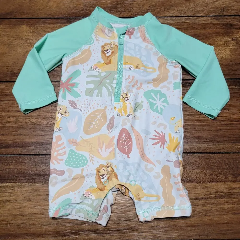 Disney Baby Lion King LS Teal 1Pc Rash Guard Unisuit w/ Snap Bottoms - Size 6-9m