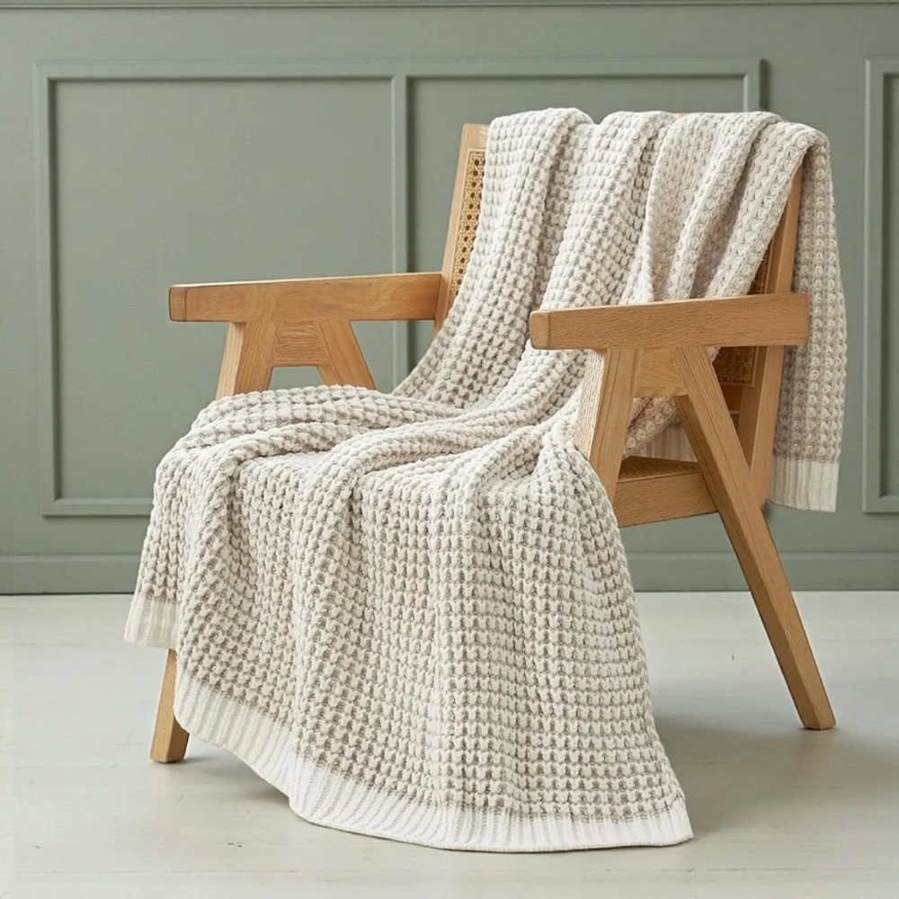 NEW West Elm Beige Woven Waffle Knit Cotton Boho Cozy Throw Blanket - 60