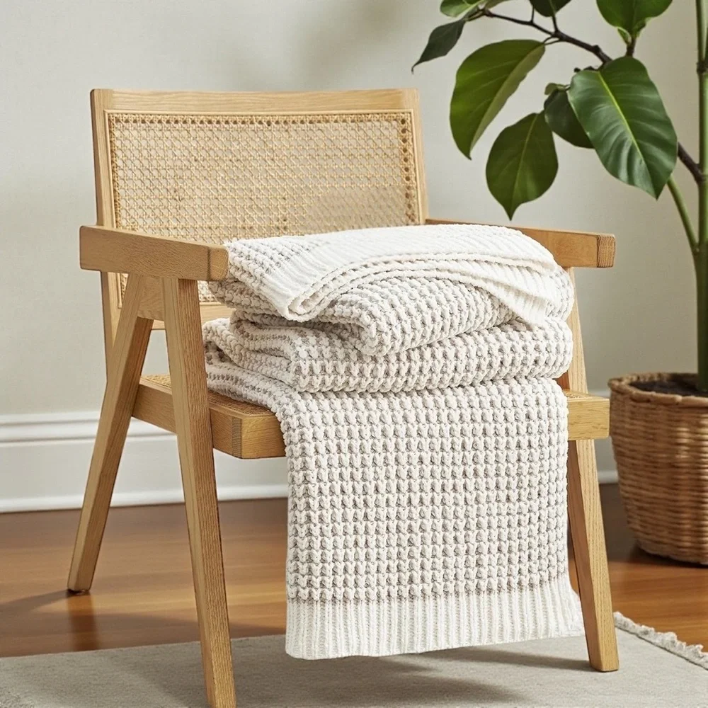 NEW West Elm Beige Woven Waffle Knit Cotton Boho Cozy Throw Blanket - 60