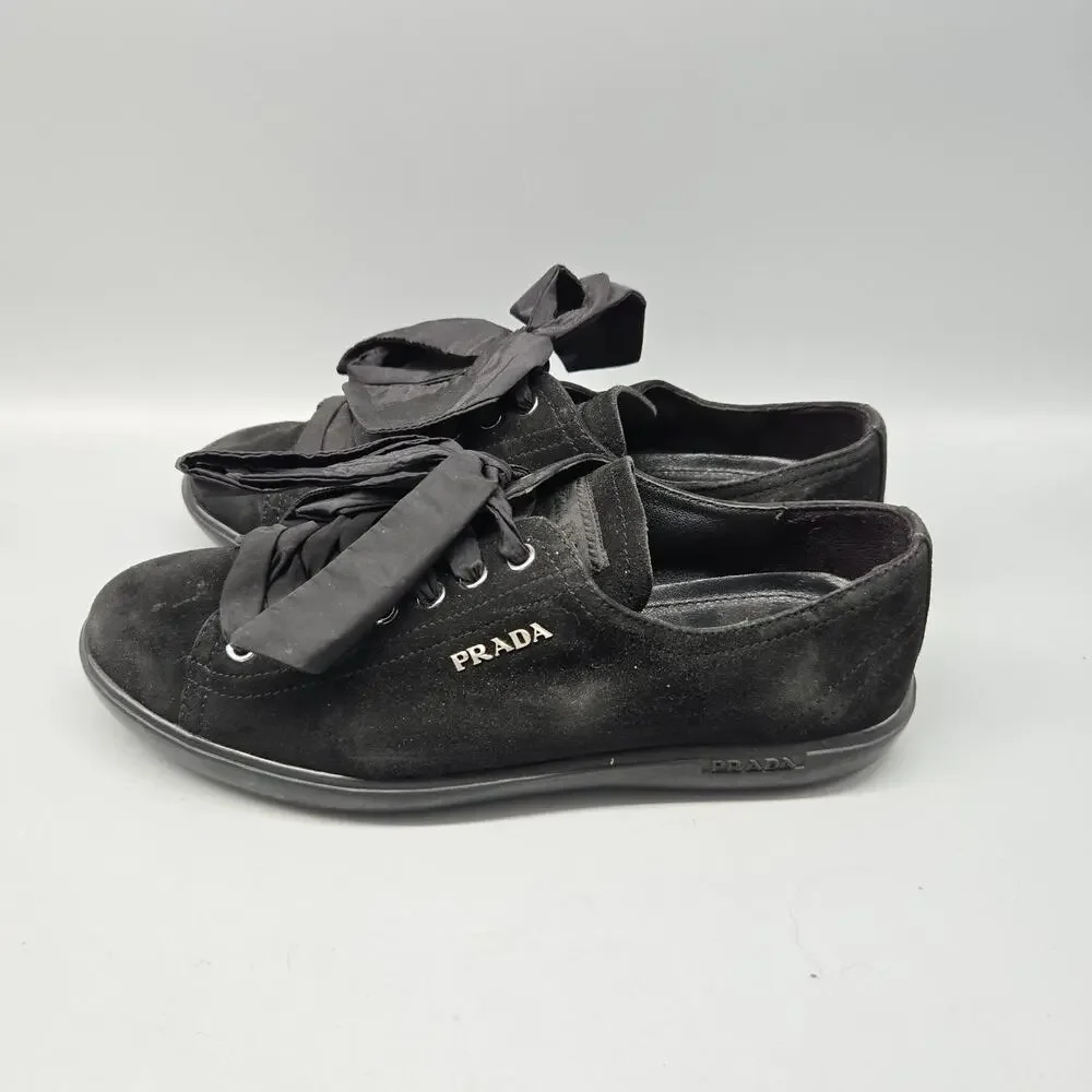 Prada Women's 6.5 Black Camoscio Suede Sneakers W/ Ribbon Laces Limited Edition