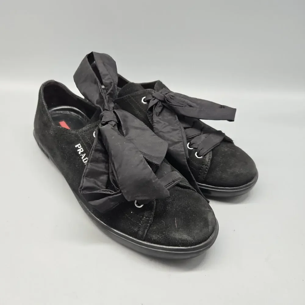 Prada Women's 6.5 Black Camoscio Suede Sneakers W/ Ribbon Laces Limited Edition