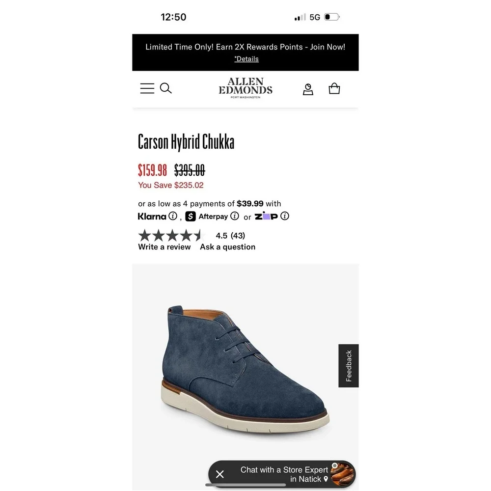 Allen Edmonds, Carson Hybrid‎ Chukka Boots, Sea Suede, Size 10D