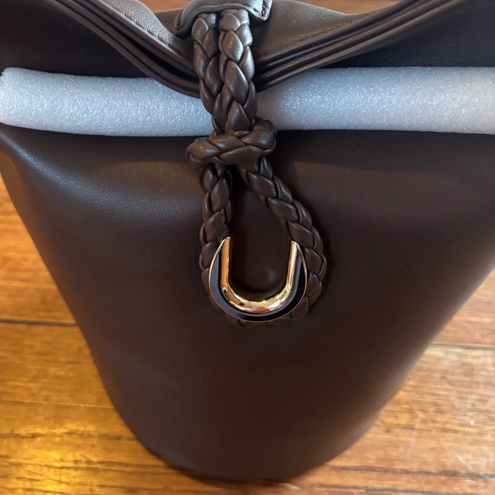 NWT Anthropologie / Aota Twist Tie Top-Handle Bucket Bag Chocolate Brown Woven