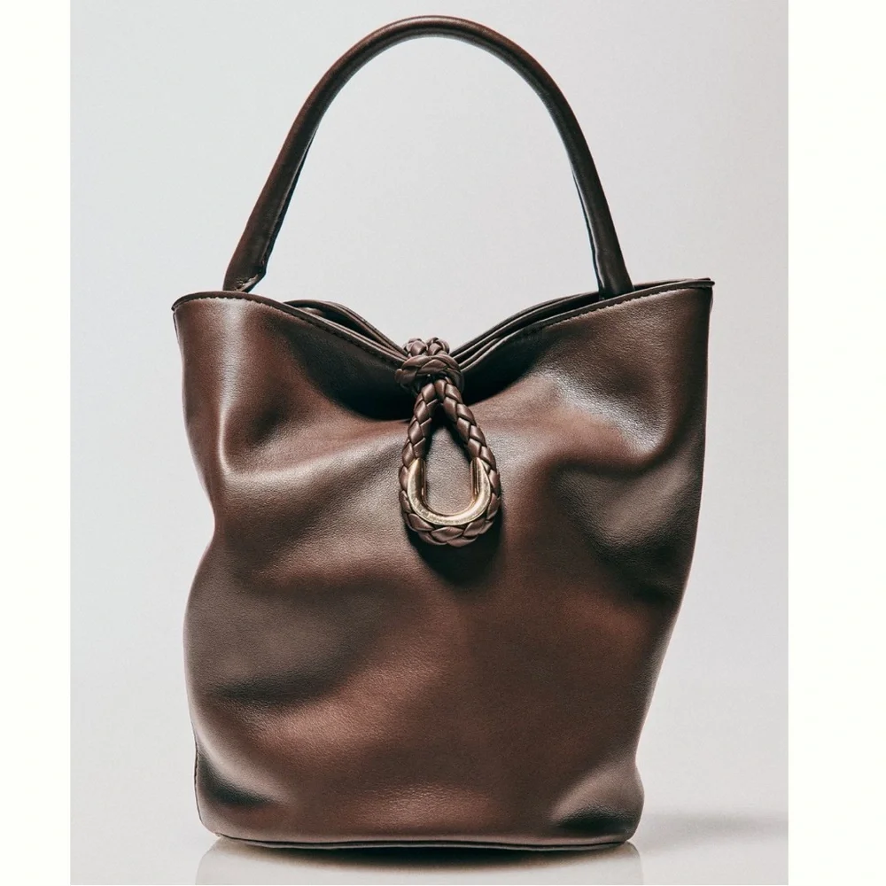 NWT Anthropologie / Aota Twist Tie Top-Handle Bucket Bag Chocolate Brown Woven
