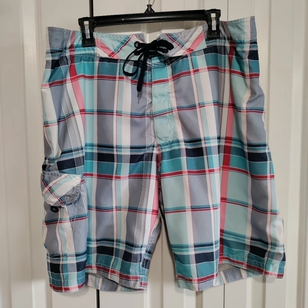 Men blue plaid swimming shorts size XL