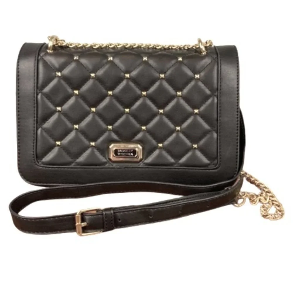 Badgley Mischka Quilted Studded Black Vegan Leather Cross Body Bag