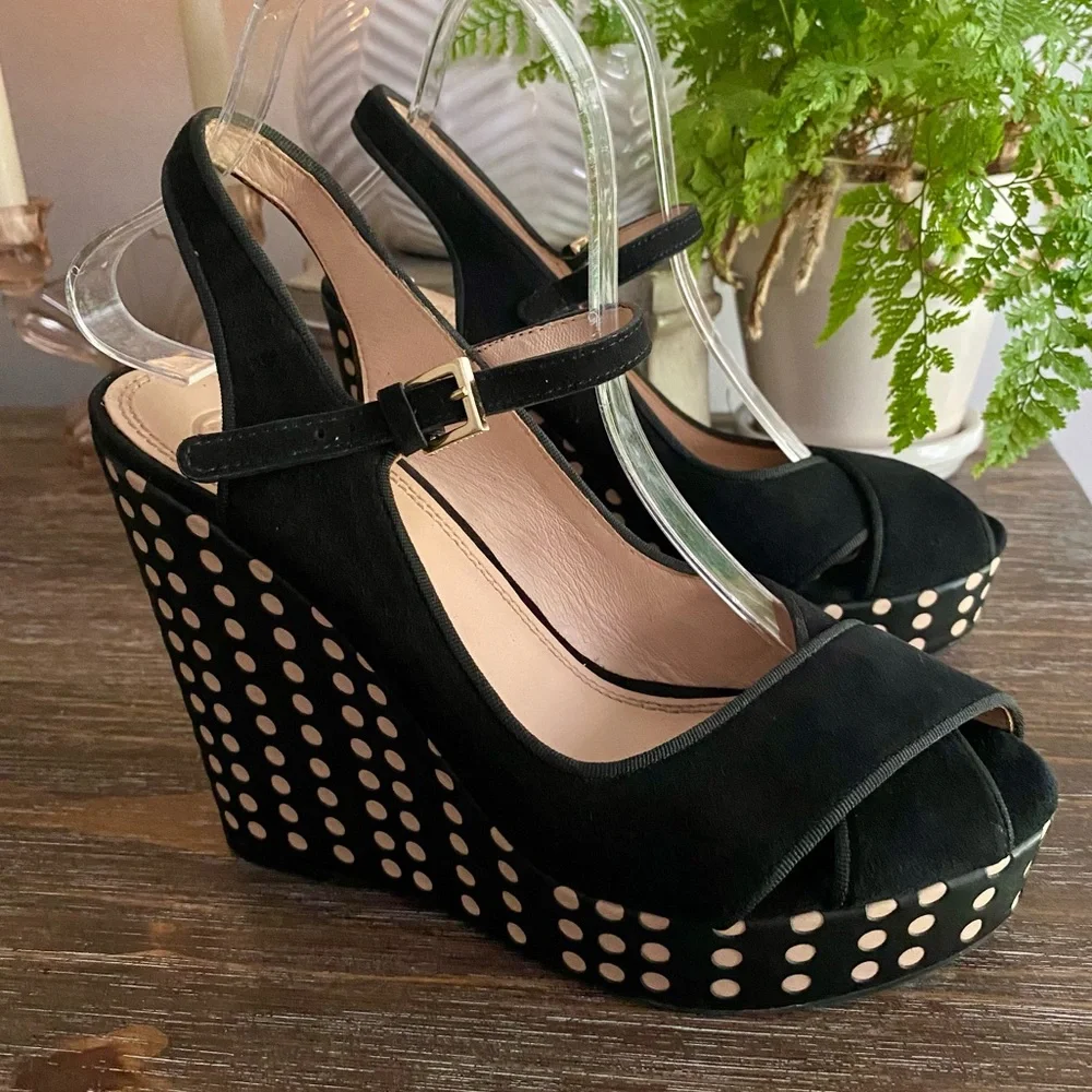 Tory Burch Ollie Black Suede Platform Wedge Slingback Heel Sandals Womens 8 M‎