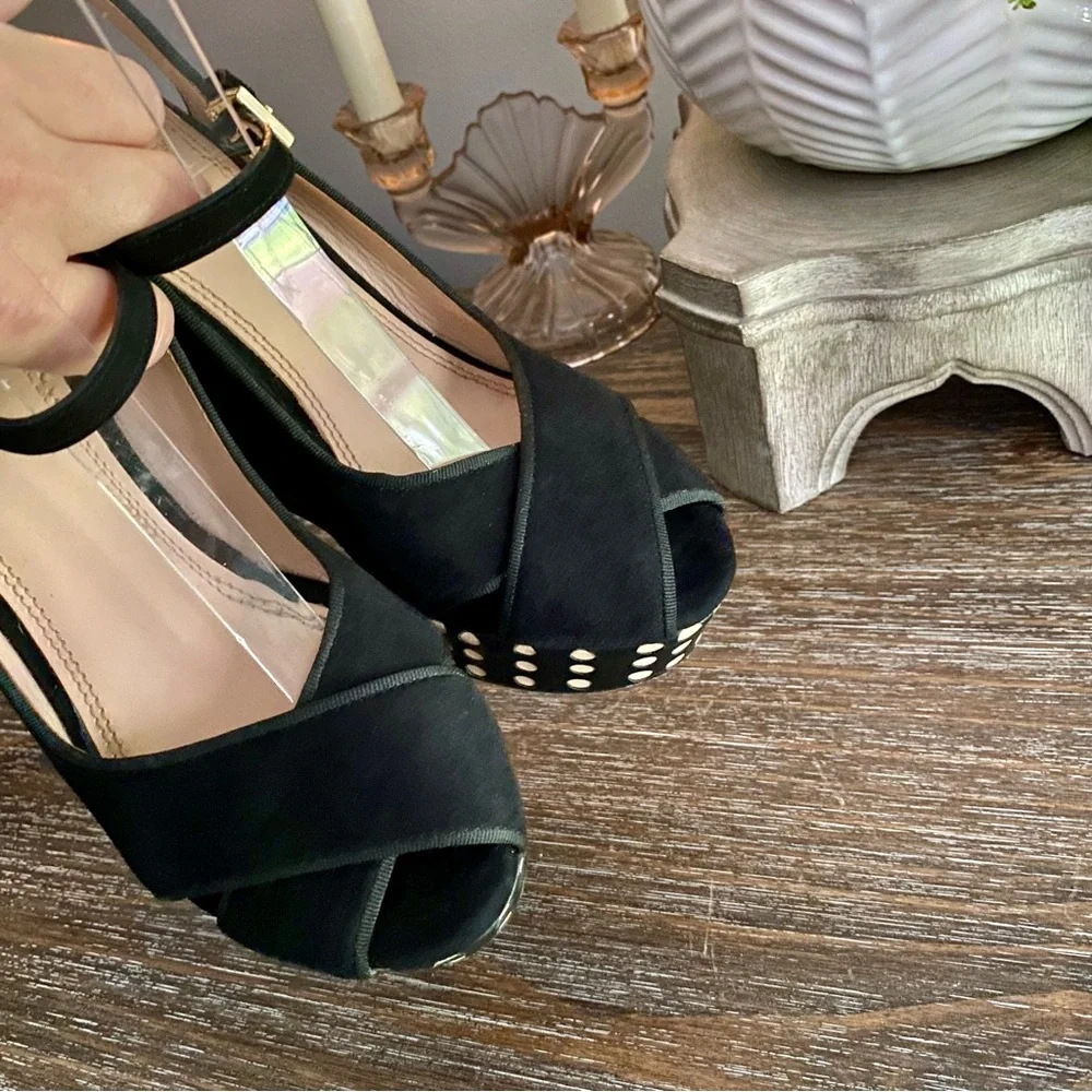 Tory Burch Ollie Black Suede Platform Wedge Slingback Heel Sandals Womens 8 M‎