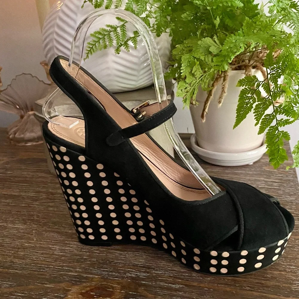 Tory Burch Ollie Black Suede Platform Wedge Slingback Heel Sandals Womens 8 M‎