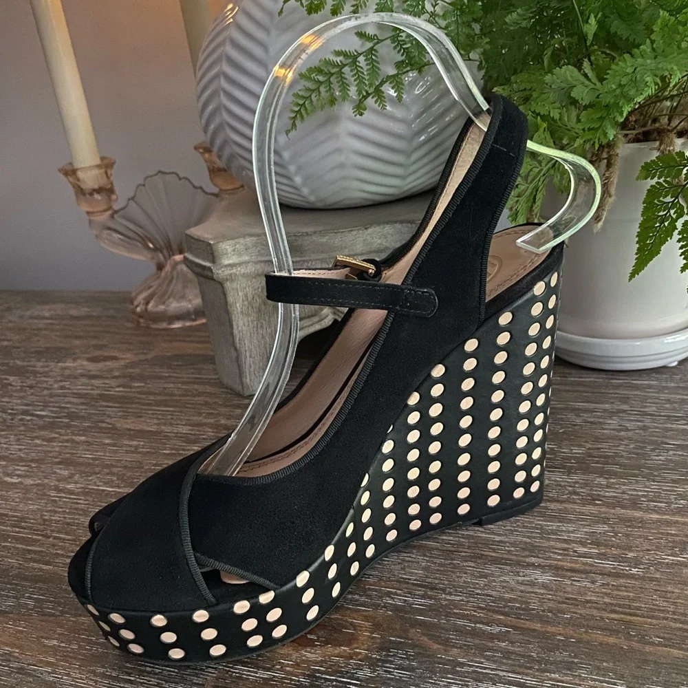 Tory Burch Ollie Black Suede Platform Wedge Slingback Heel Sandals Womens 8 M‎