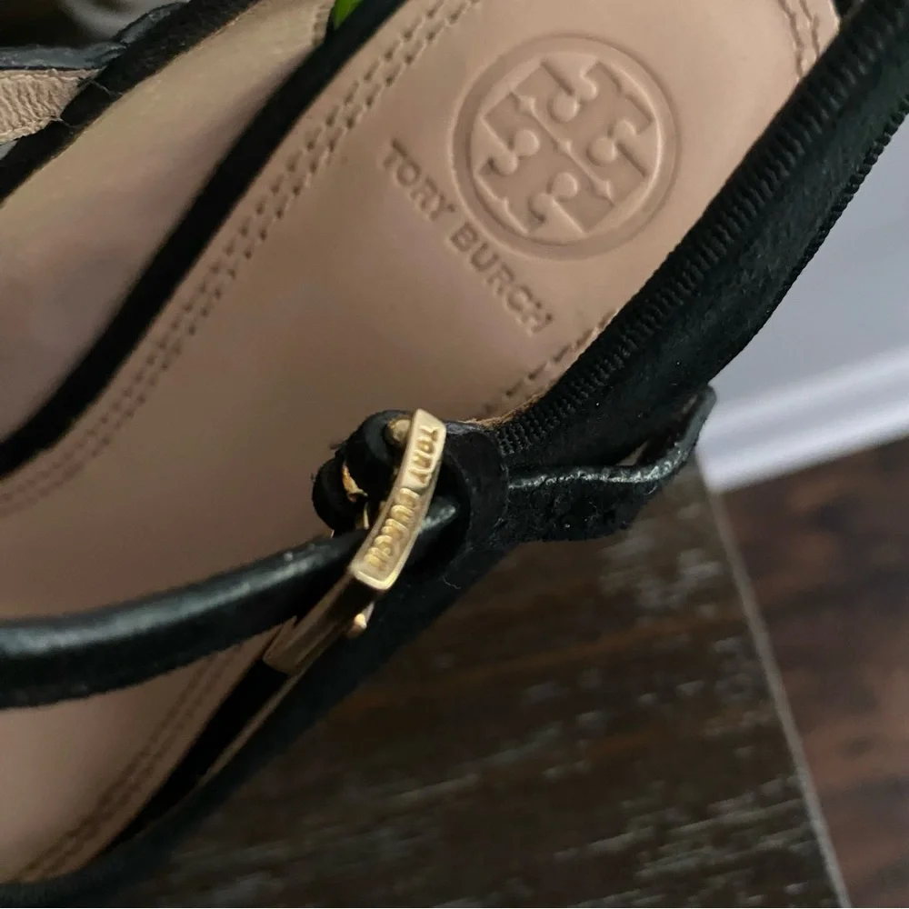 Tory Burch Ollie Black Suede Platform Wedge Slingback Heel Sandals Womens 8 M‎