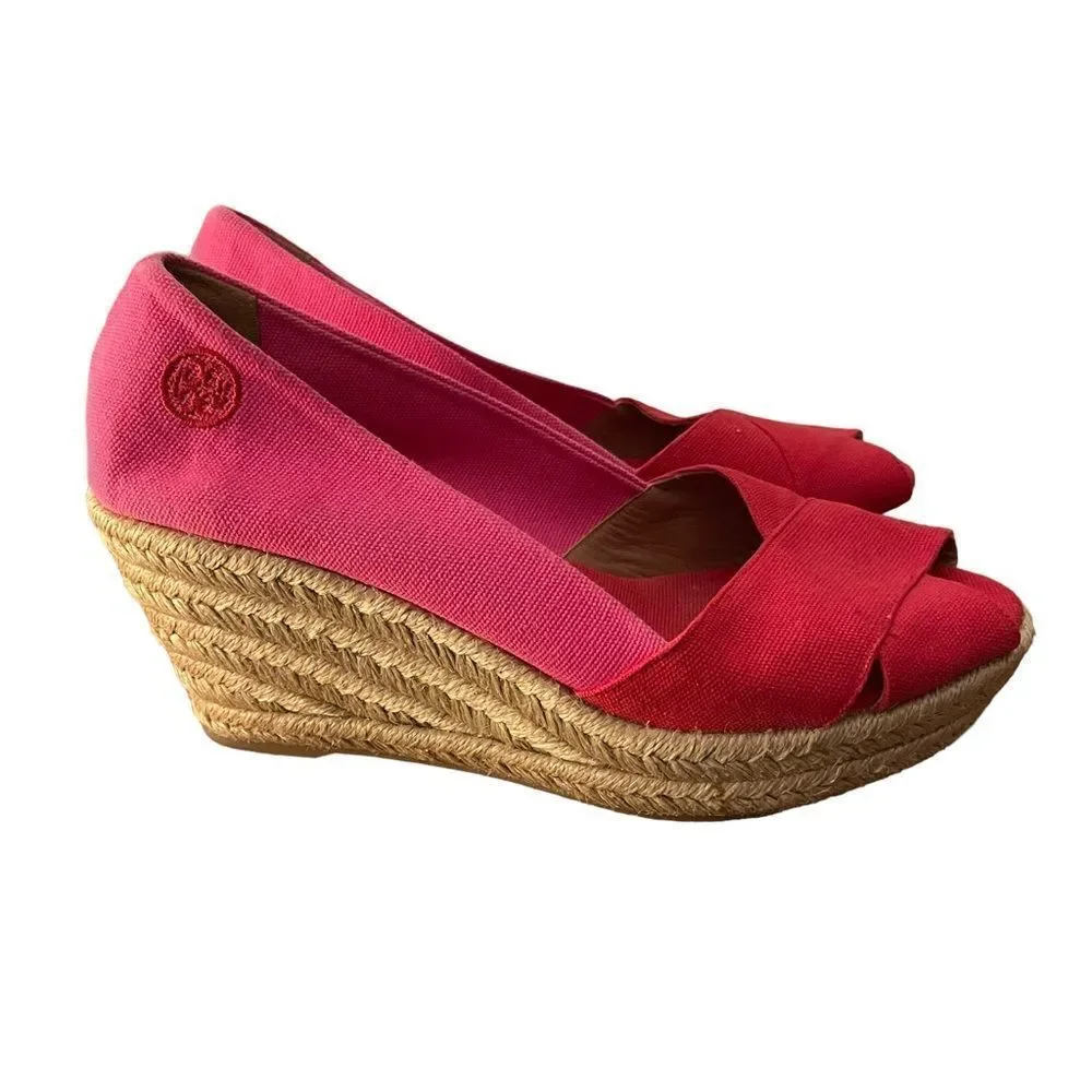 Tory Burch Filipa Colorblock Espadrilles Pink‎ Red Wedge Heel Size 10