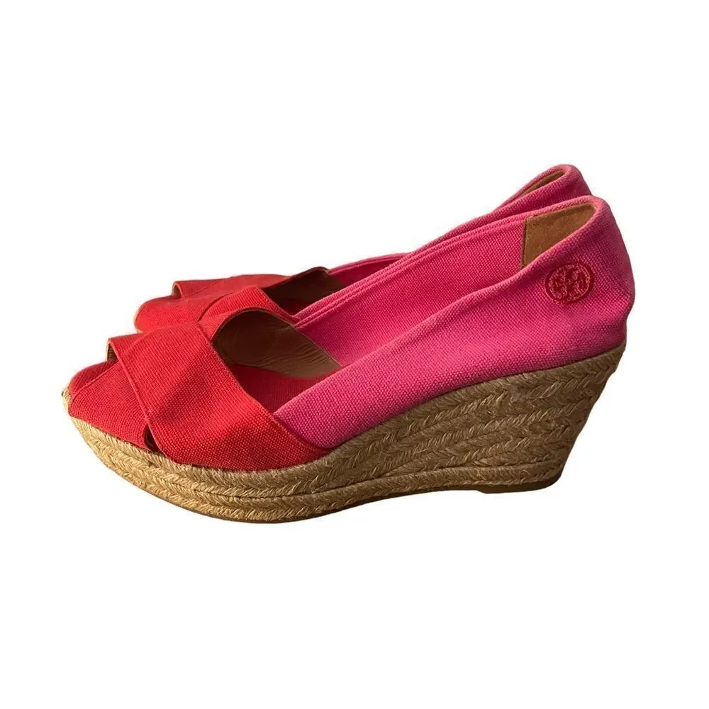 Tory Burch Filipa Colorblock Espadrilles Pink‎ Red Wedge Heel Size 10