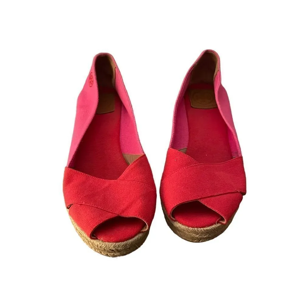 Tory Burch Filipa Colorblock Espadrilles Pink‎ Red Wedge Heel Size 10