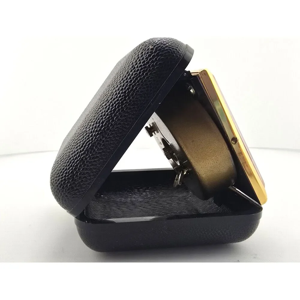 Vintage Equity Folding Travel Alarm Clock Black Gold Case Tested Working Compact
