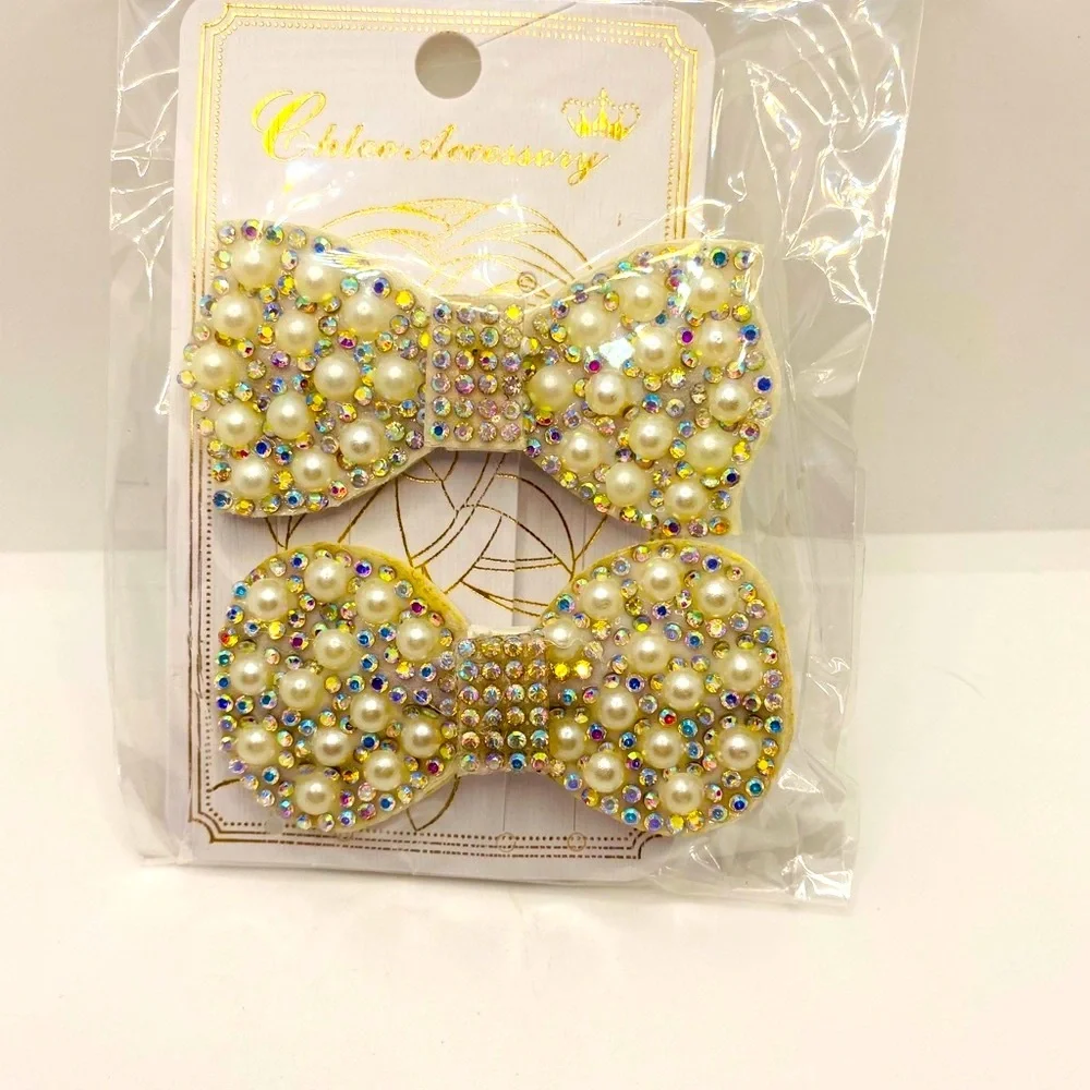 Hair barrette bow faux pearls crystals iri…