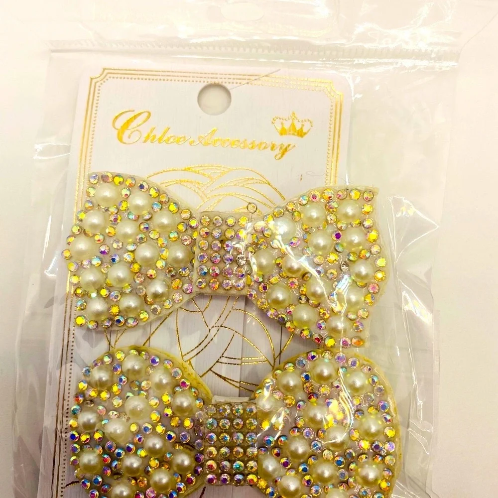 Hair barrette bow faux pearls crystals iri…