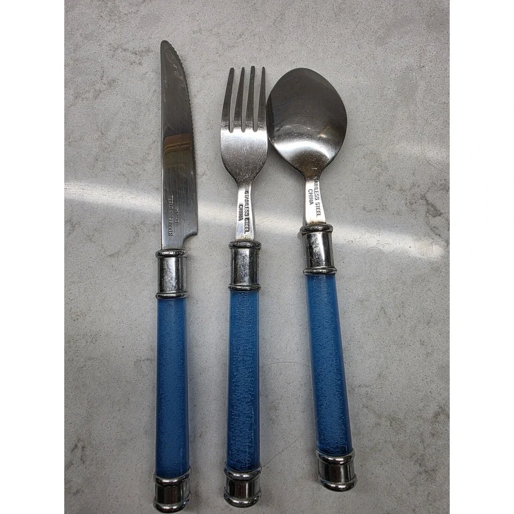 Lot of 3 Blue Lucite Handle Flatware 1 Fork/1 Spoon/1 Knife