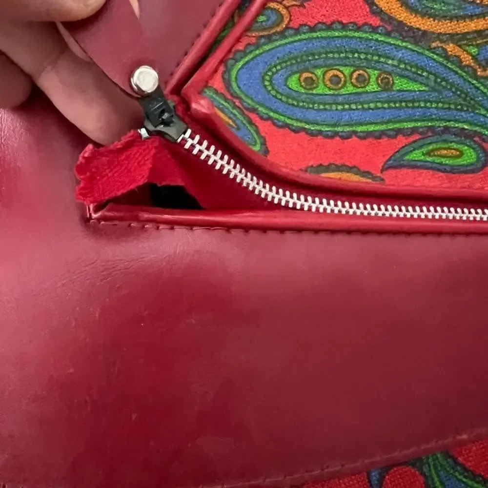 Vintage 60's 70's Paisley Red Travel Luggage Overnight