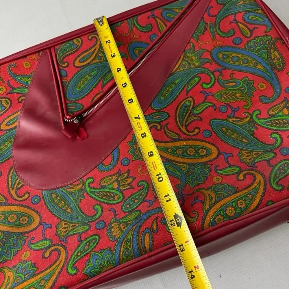 Vintage 60's 70's Paisley Red Travel Luggage Overnight