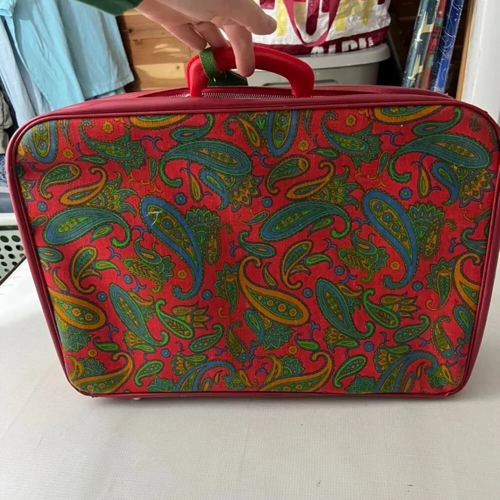 Vintage 60's 70's Paisley Red Travel Luggage Overnight