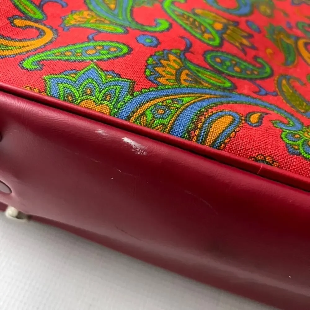 Vintage 60's 70's Paisley Red Travel Luggage Overnight