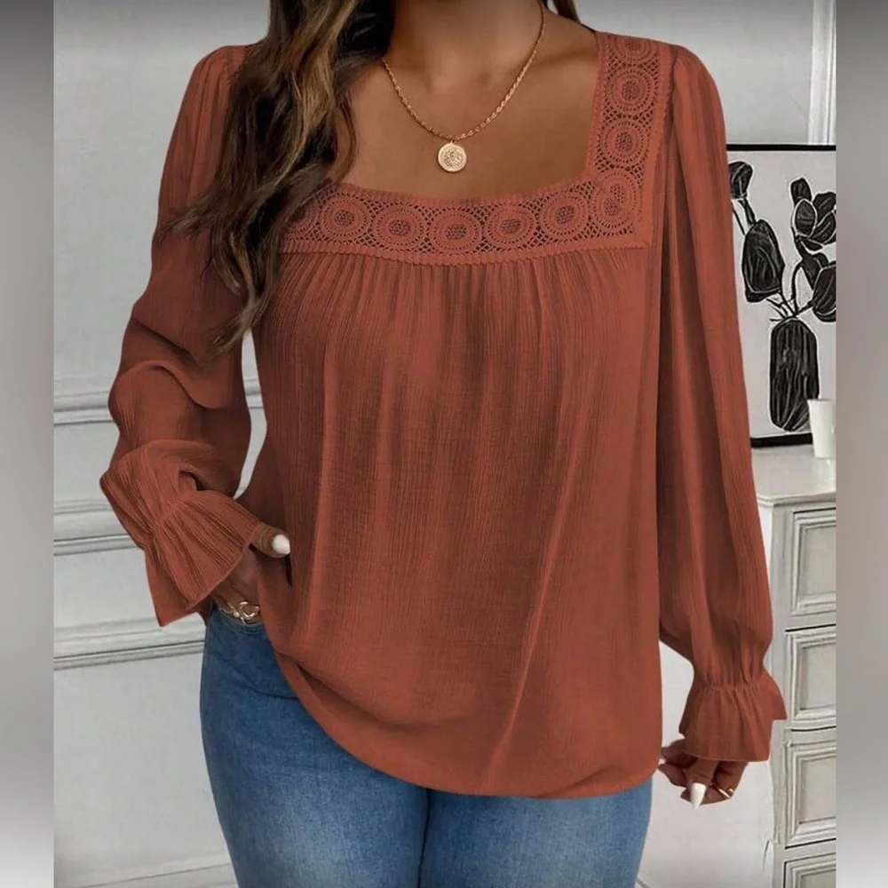 Elegant Red Lace Trim Women's Top