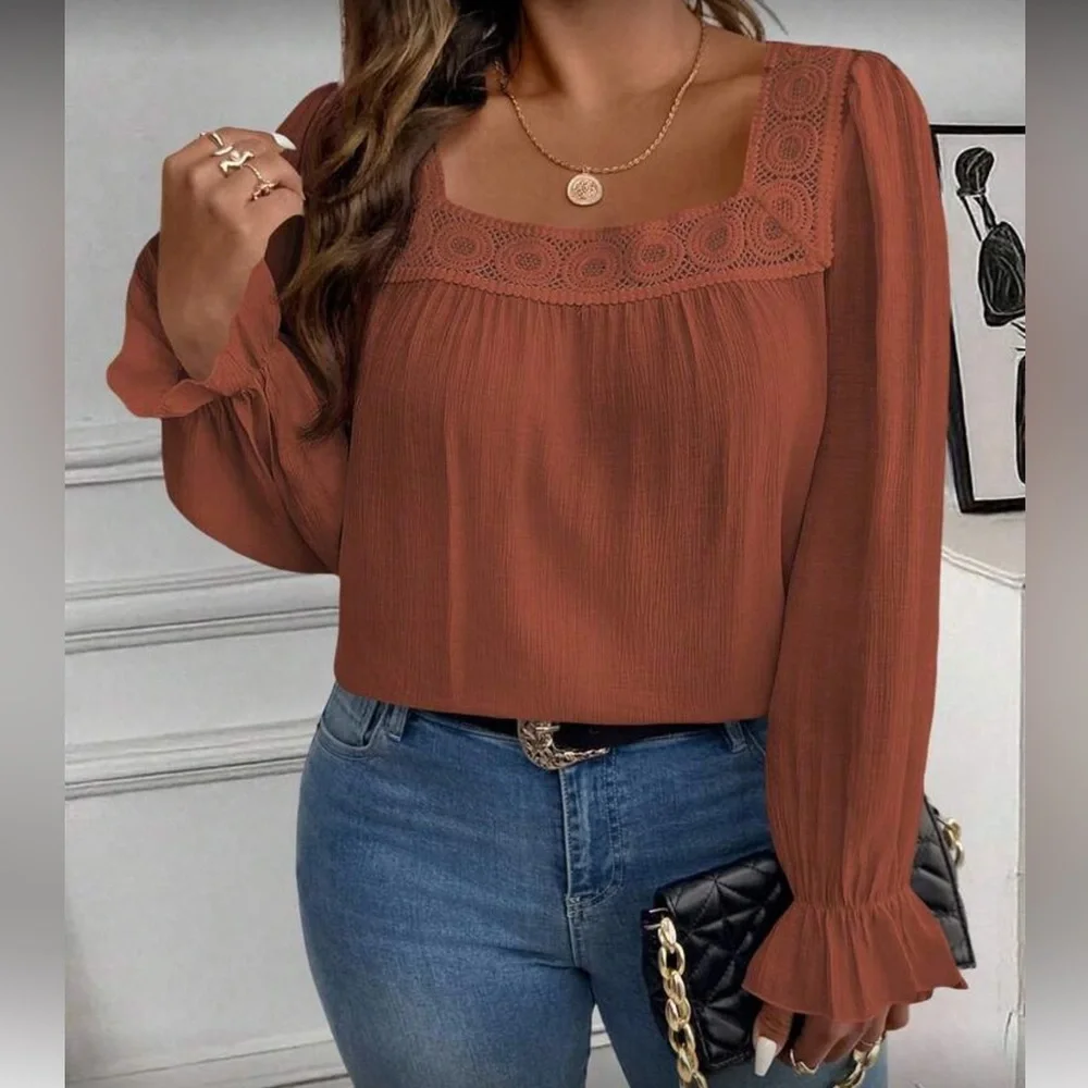 Elegant Red Lace Trim Women's Top