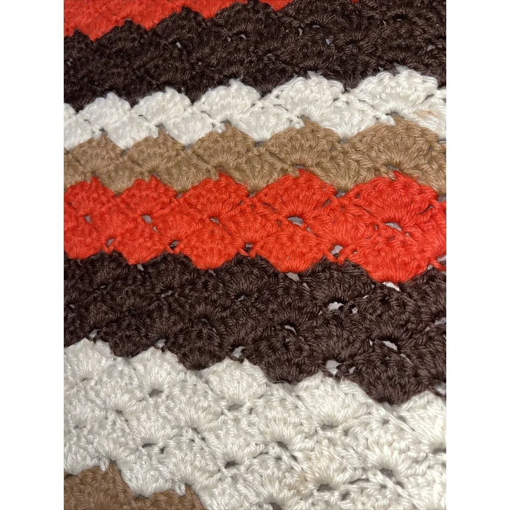 Vintage MCM Retro Fall Afghan Blanket Zig Zag Chevron Brown Orange White Throw