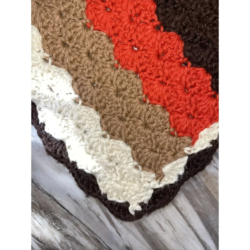 Vintage MCM Retro Fall Afghan Blanket Zig Zag Chevron Brown Orange White Throw