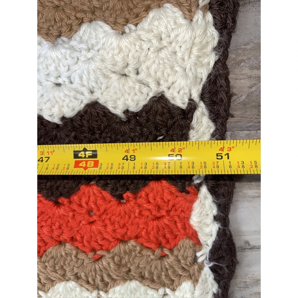 Vintage MCM Retro Fall Afghan Blanket Zig Zag Chevron Brown Orange White Throw