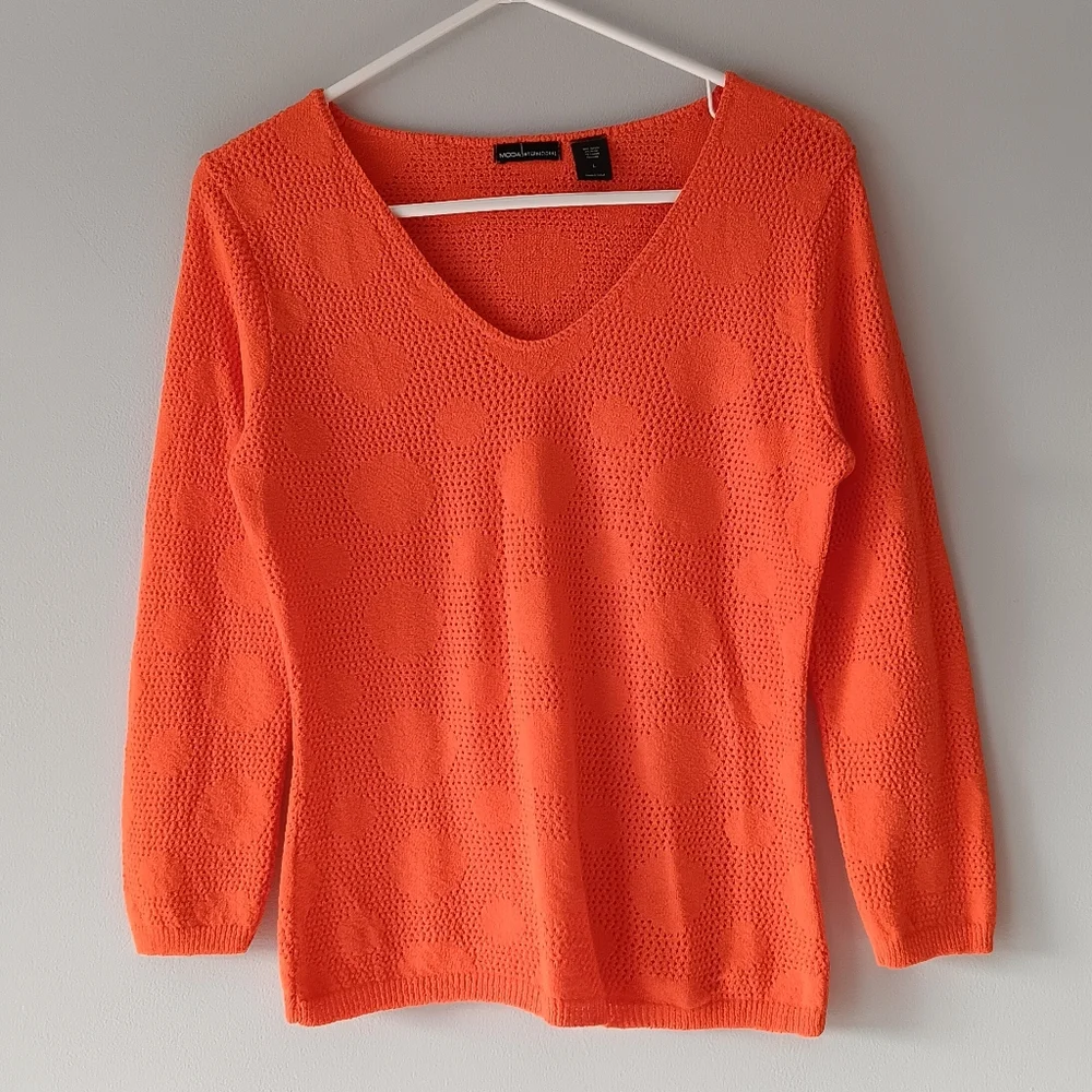 Moda International Knit V-Neck Textured Sweater Made In US Orange Large