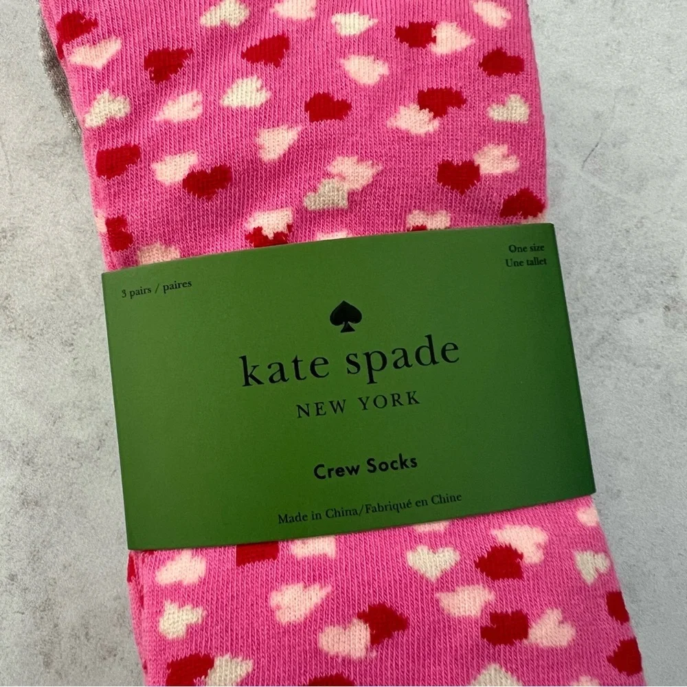 NWT Kate Spade Pink and Red Heart Crew Socks 3PK