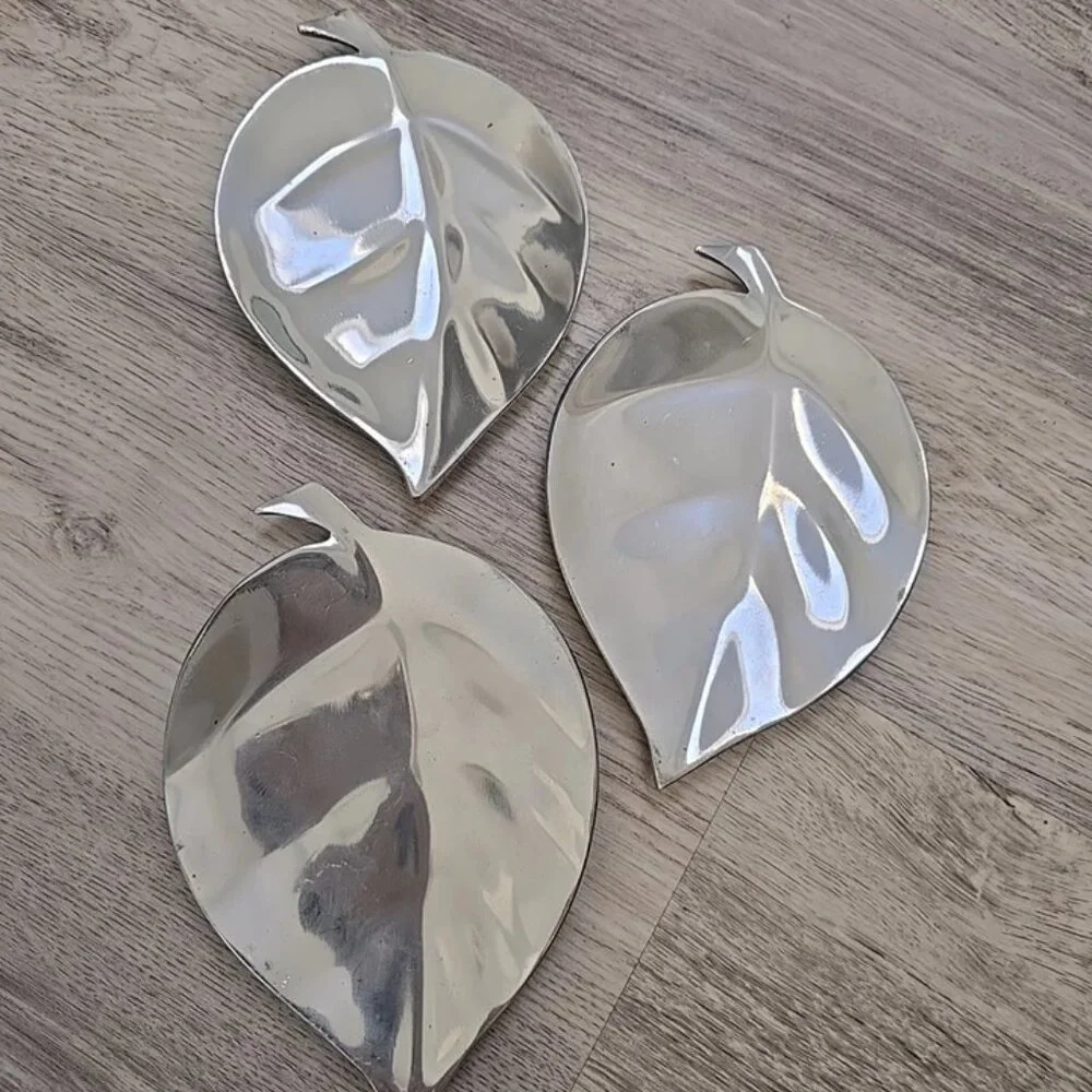 Crate & Barrel Alloy Leaf Appetizer Plates Dishes Set Of 3 New