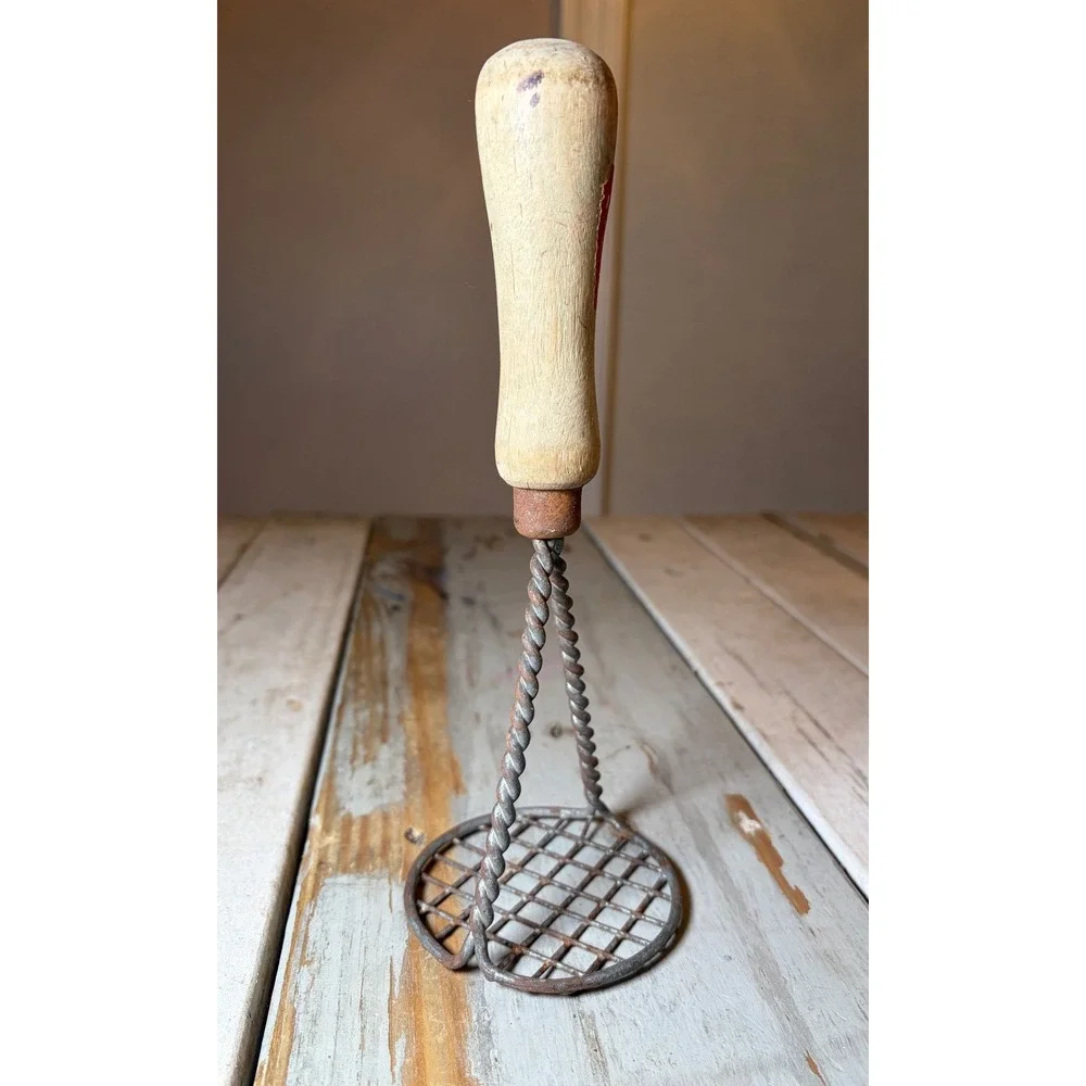 Vintage Antique Wire Potato Masher Primitive Kitchen Tool Wood Handle c1 900