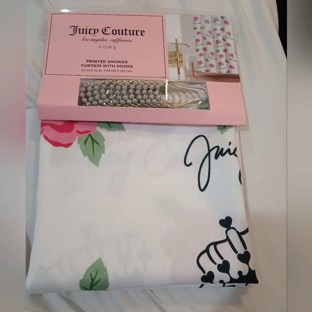 New Elegant Juicy Couture Floral & Cursive Spell Out Shower Curtain Size 70x72