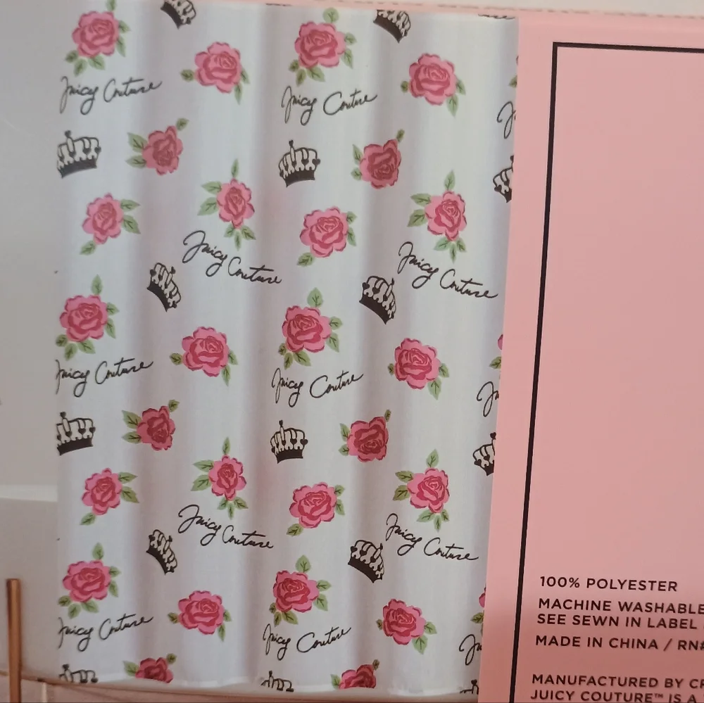 New Elegant Juicy Couture Floral & Cursive Spell Out Shower Curtain Size 70x72