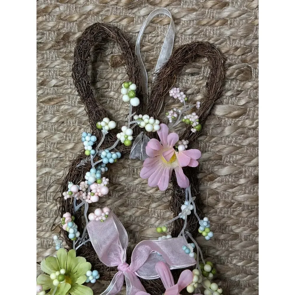 Easter Bunny Shaped Holiday Wreath with Eggs & Satin Ribbon Bow Door Decor 19