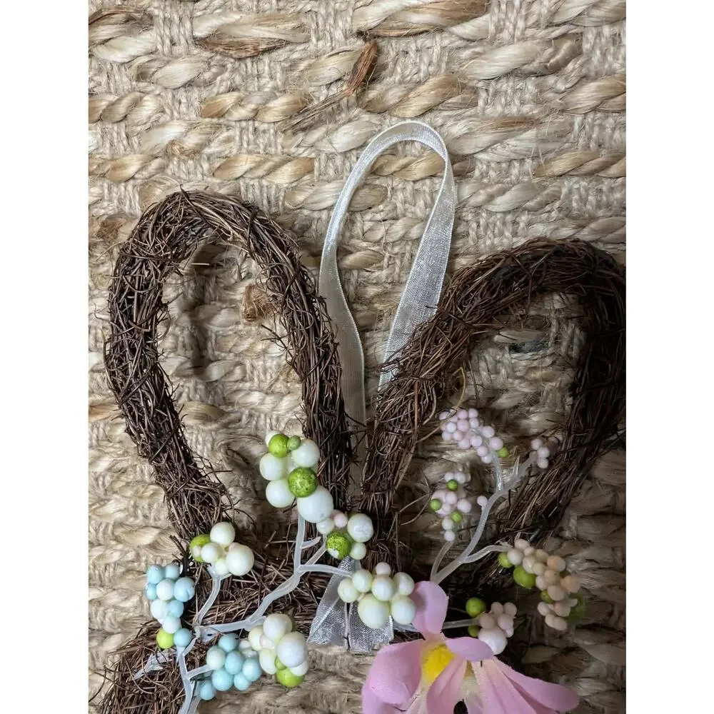 Easter Bunny Shaped Holiday Wreath with Eggs & Satin Ribbon Bow Door Decor 19