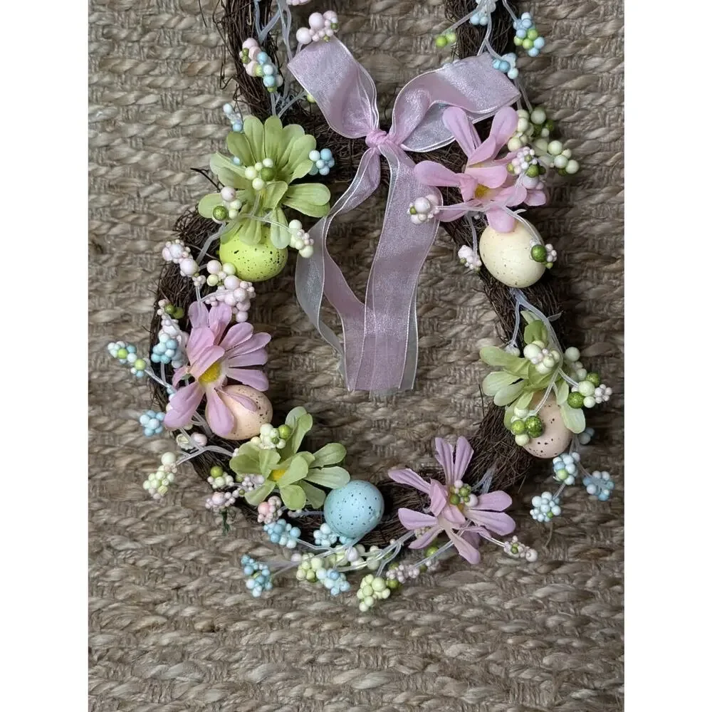 Easter Bunny Shaped Holiday Wreath with Eggs & Satin Ribbon Bow Door Decor 19