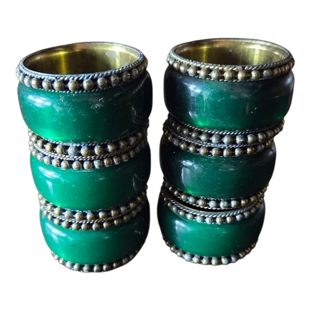 Emeraled Green and Brass Napkin Rings Set Of 6