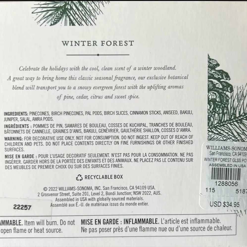 Williams Sonoma WINTER FOREST Potpourri Essential Oils Pine Cedar Citrus Scent