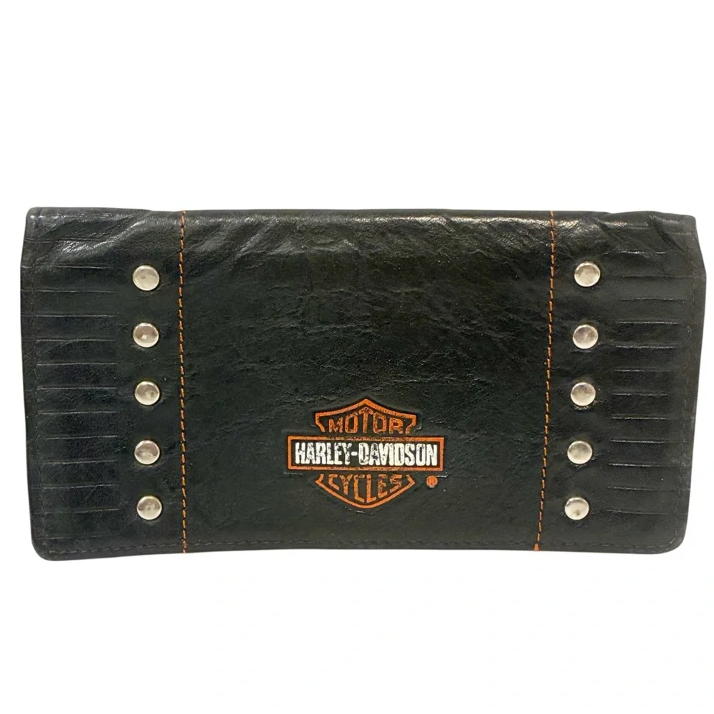 Vintage Harley Davidson Motorcycle Leather Long Black Checkbook‎ Wallet