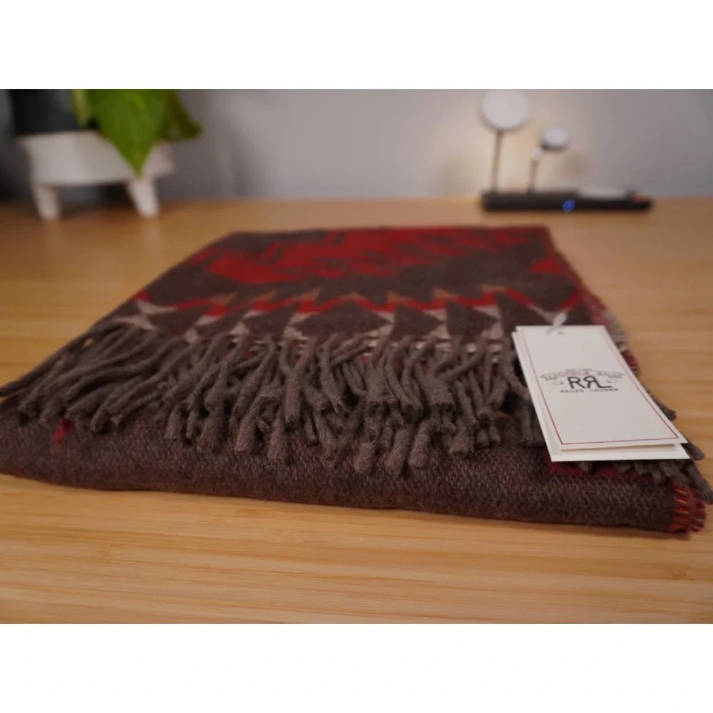 NEW Ralph Lauren Double RL Scarf O/S Red Multi Lambswool Cashmere RRL