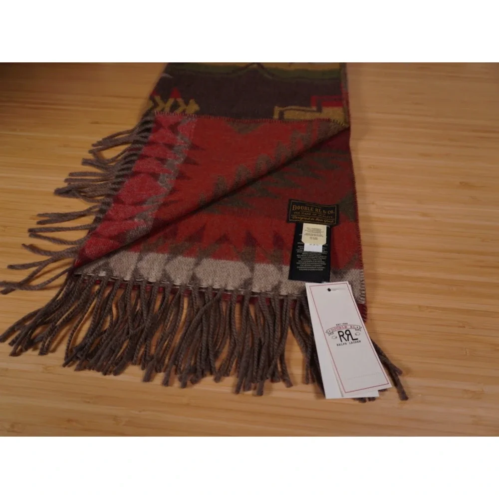 NEW Ralph Lauren Double RL Scarf O/S Red Multi Lambswool Cashmere RRL
