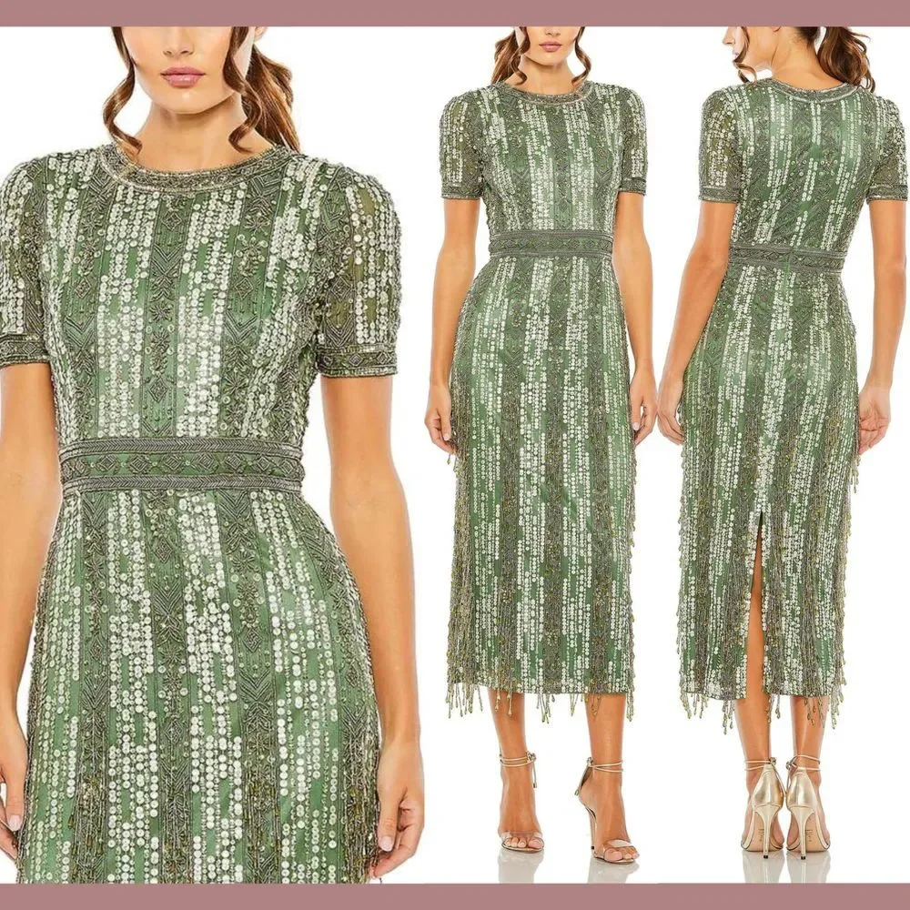 NWT Mac Duggal [ 8 ] 5980 High Neck Short‎ Sleev Crystal Fringe Dress Sage Q931